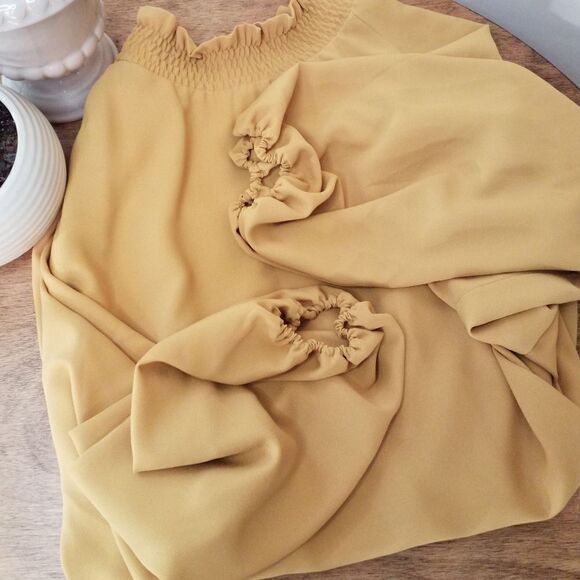 Marina Rinaldi Tunic Blouse Gathered Neckline Long Balloon Sleeves Gold Size 22 - Picture 5 of 13